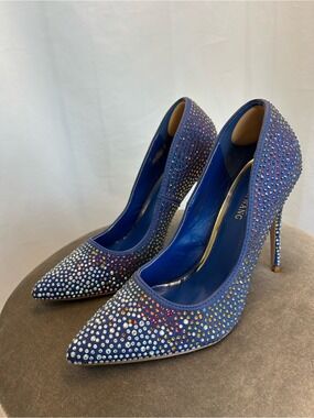 Azalea Wang Blue Crystal Rhinestone Embellished Pointed Toe High Heel Pumps 8.5